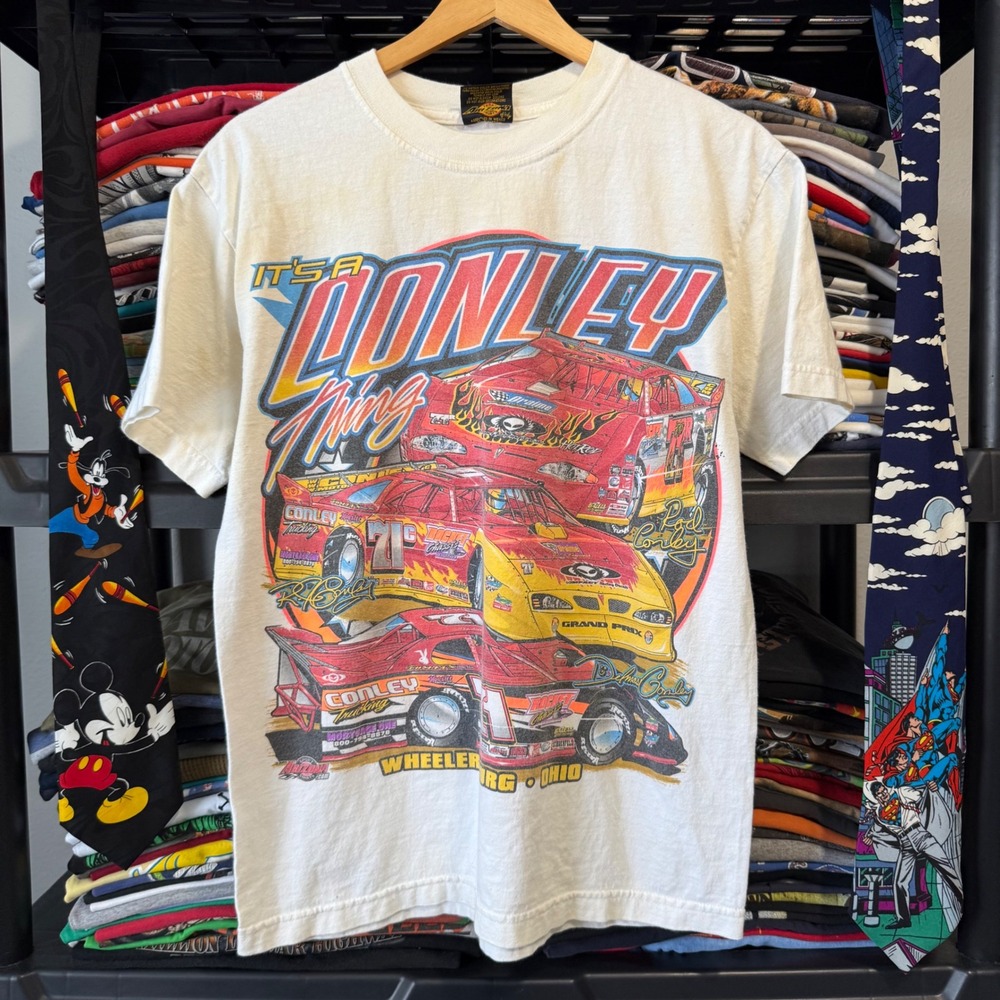 Y2K White Conley Motorsports Racing Triple Threat Graphic Tee Medium Has Marks